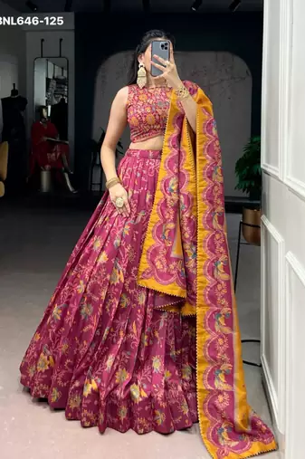 magenta silk blend printed lehenga choli