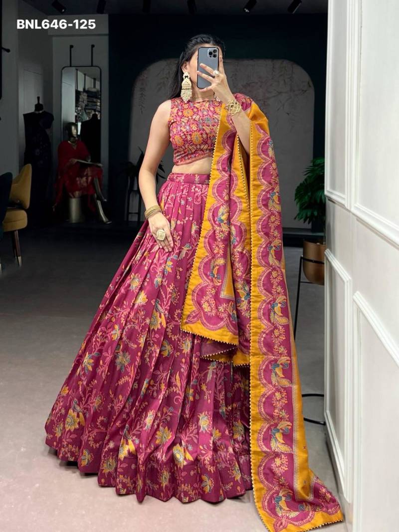 magenta silk blend printed lehenga choli