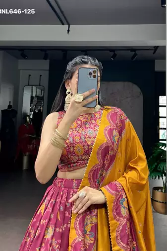magenta silk blend printed lehenga choli