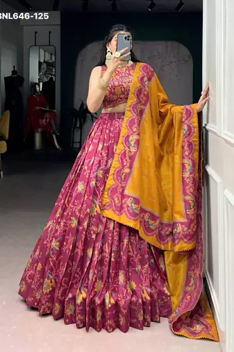 magenta silk blend printed lehenga choli