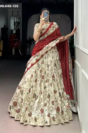 cream silk blend printed lehenga choli