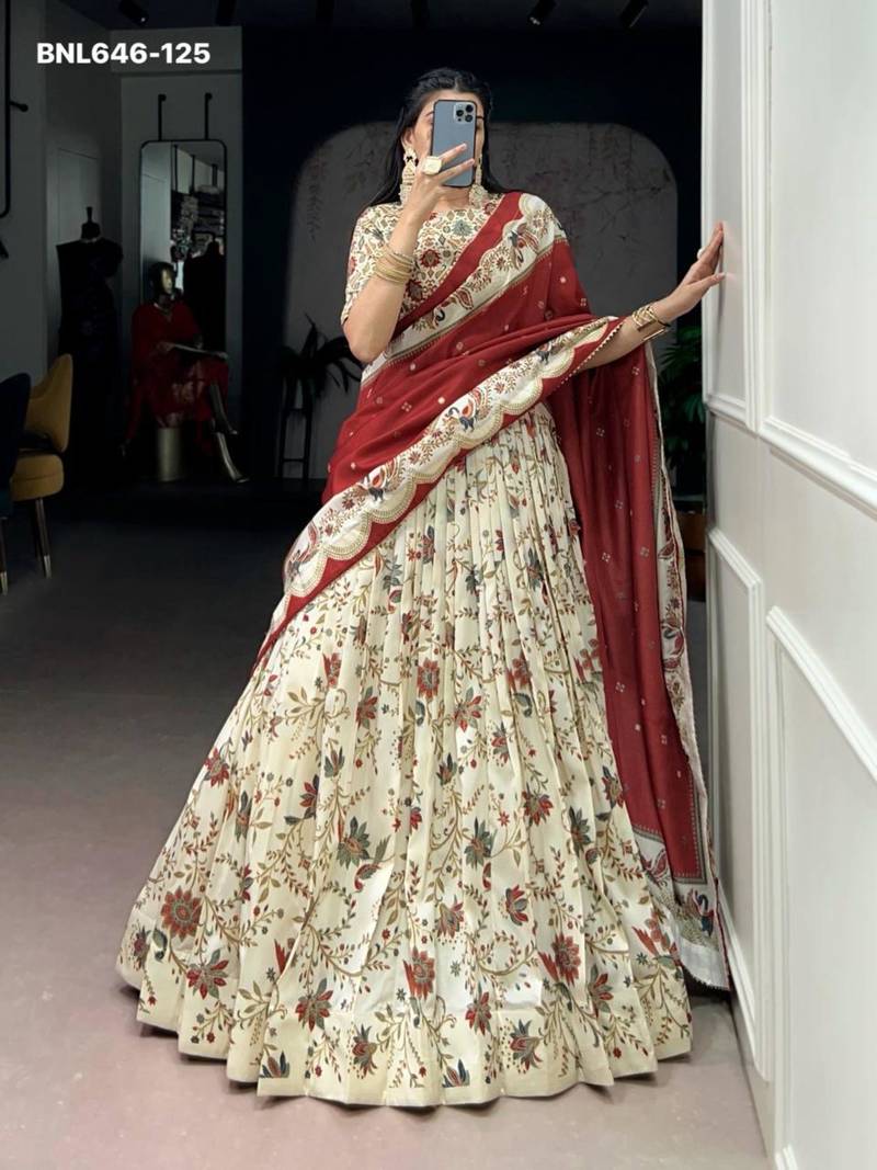 cream silk blend printed lehenga choli