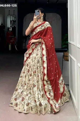 cream silk blend printed lehenga choli