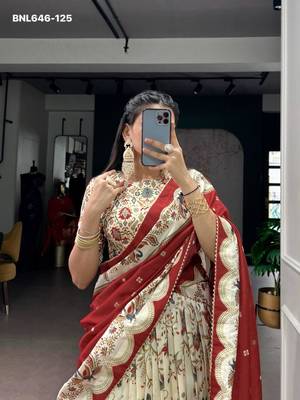 cream silk blend printed lehenga choli 3
