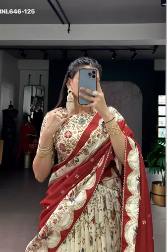 cream silk blend printed lehenga choli