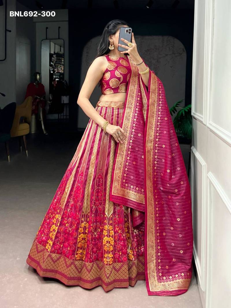 pink silk blend hand woven lehenga choli