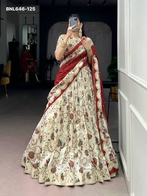 cream silk blend printed lehenga choli 4