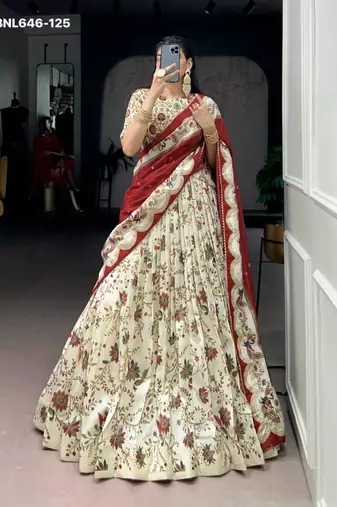 cream silk blend printed lehenga choli
