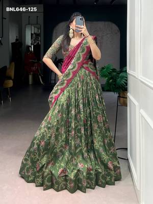 dark green silk blend printed lehenga choli 1