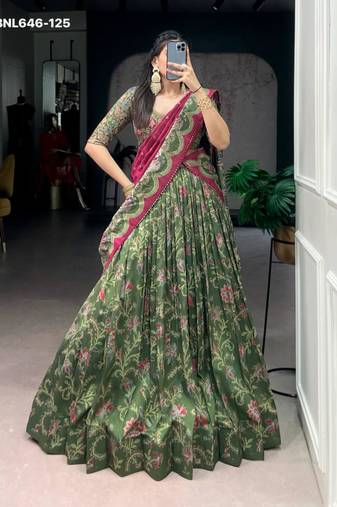 dark green silk blend printed lehenga choli