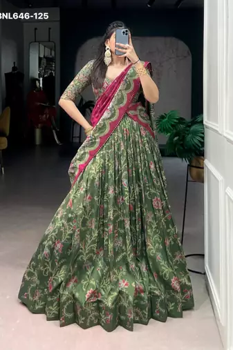 dark green silk blend printed lehenga choli