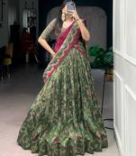 dark green silk blend printed lehenga choli