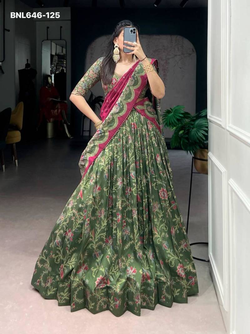 dark green silk blend printed lehenga choli