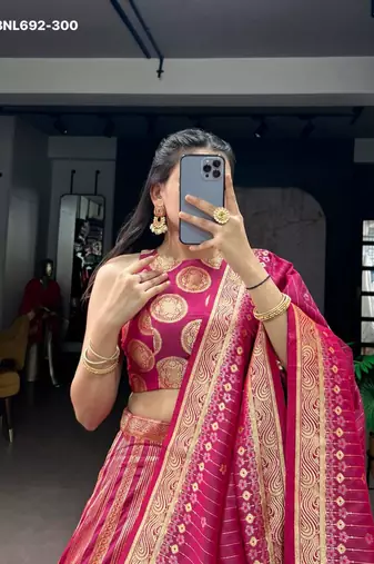 pink silk blend hand woven lehenga choli