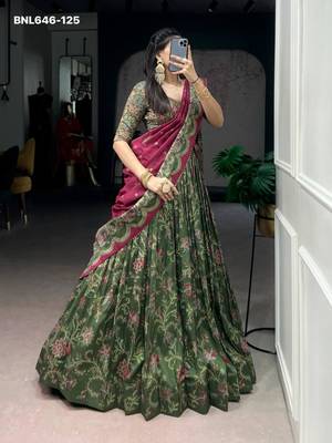 dark green silk blend printed lehenga choli 2