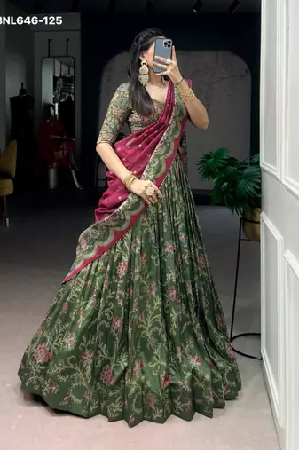dark green silk blend printed lehenga choli