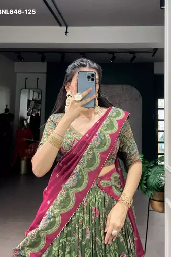 dark green silk blend printed lehenga choli