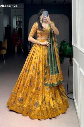 yellow silk blend printed lehenga choli