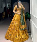 yellow silk blend printed lehenga choli