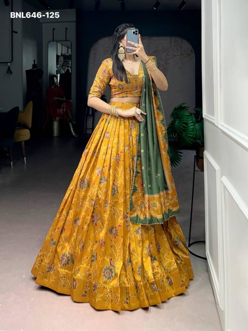 yellow silk blend printed lehenga choli