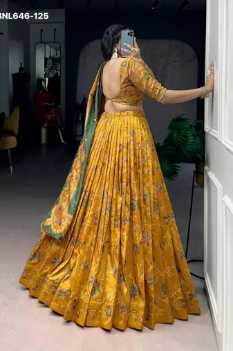 yellow silk blend printed lehenga choli