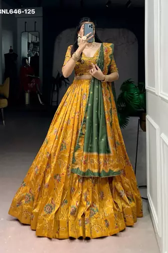 yellow silk blend printed lehenga choli