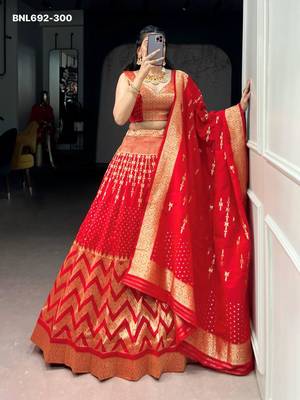 red silk blend hand woven lehenga choli 1