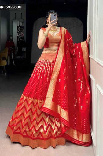 red silk blend hand woven lehenga choli