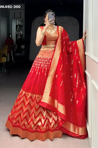 red silk blend hand woven lehenga choli
