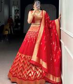 red silk blend hand woven lehenga choli