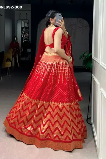 red silk blend hand woven lehenga choli