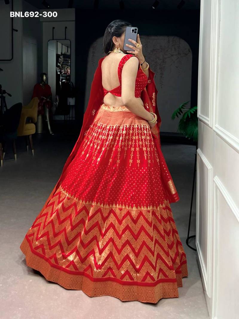 red silk blend hand woven lehenga choli