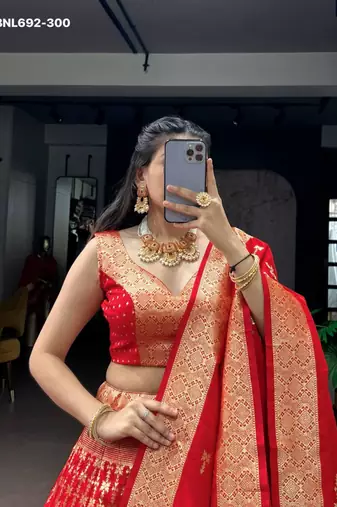 red silk blend hand woven lehenga choli