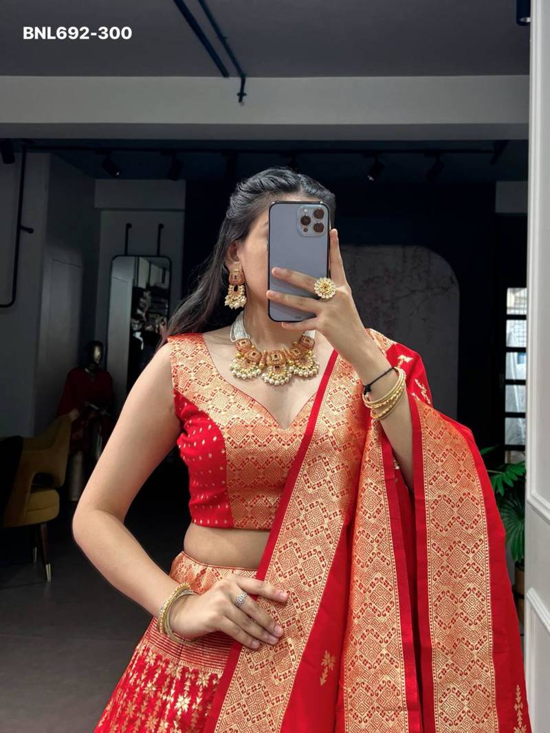 red silk blend hand woven lehenga choli