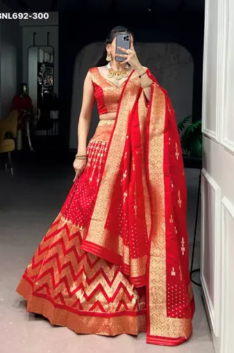 red silk blend hand woven lehenga choli