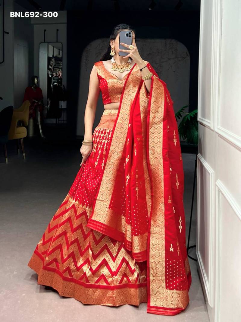 red silk blend hand woven lehenga choli