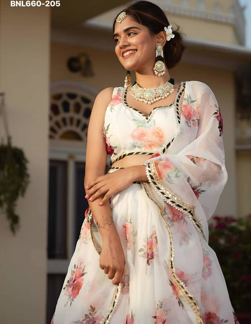off white organza printed lehenga choli