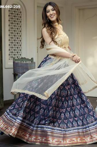 blue art silk printed lehenga choli