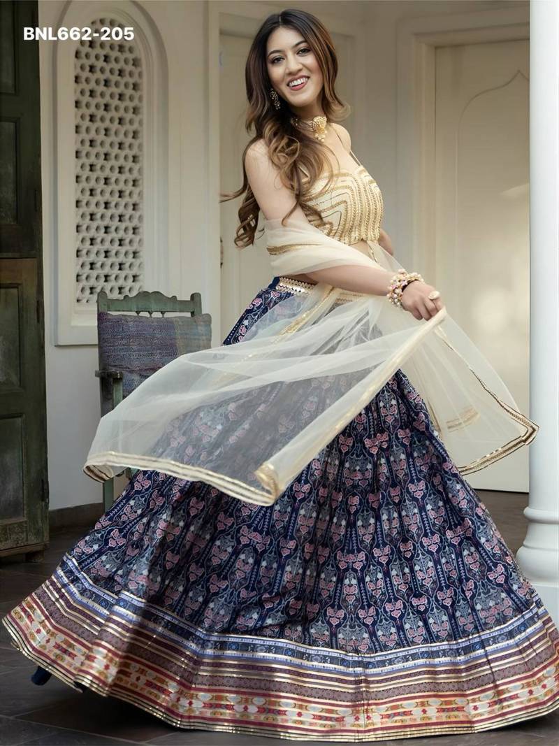 blue art silk printed lehenga choli