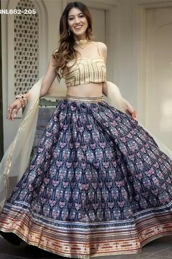 blue art silk printed lehenga choli