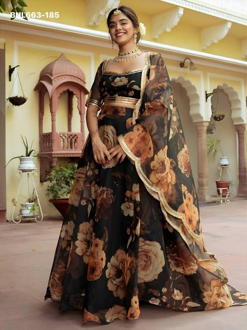 black organza printed lehenga choli