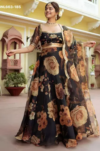 black organza printed lehenga choli