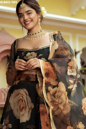 black organza printed lehenga choli