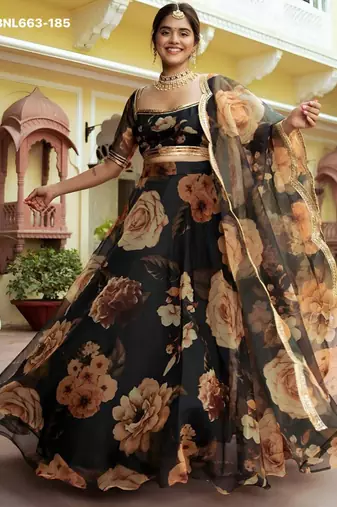 black organza printed lehenga choli