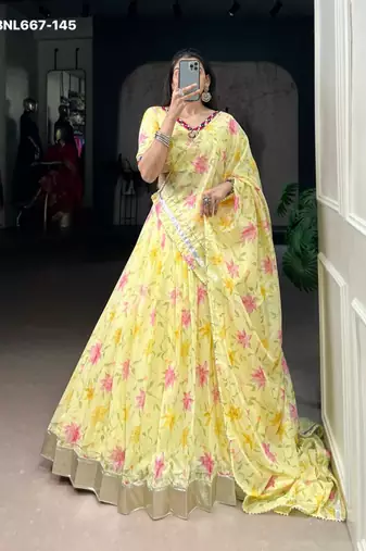 yellow art silk printed lehenga choli