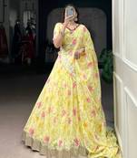 yellow art silk printed lehenga choli