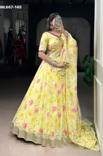 yellow art silk printed lehenga choli