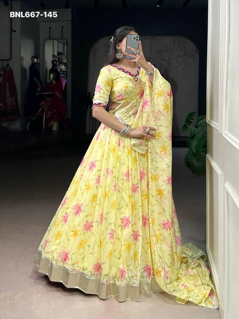 yellow art silk printed lehenga choli