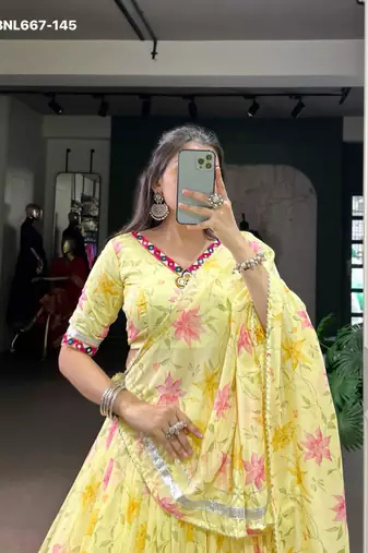 yellow art silk printed lehenga choli