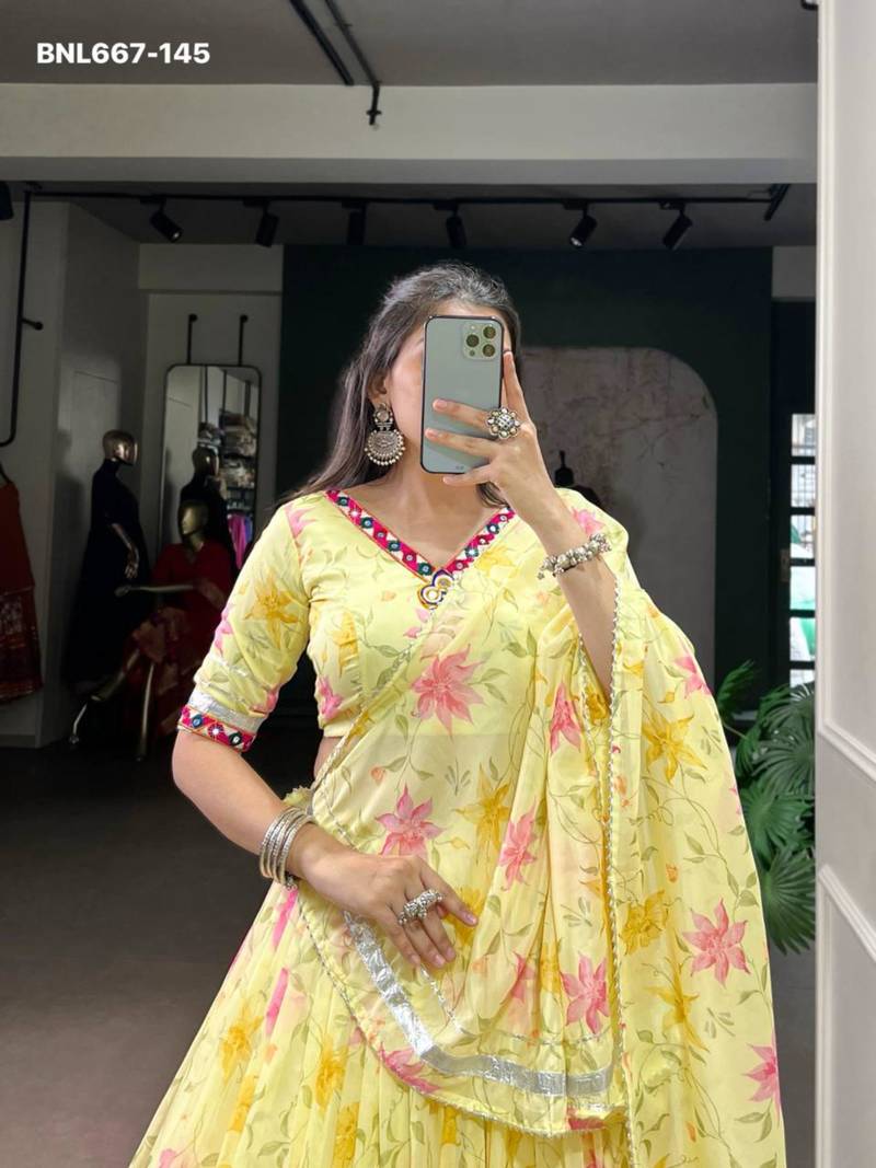 yellow art silk printed lehenga choli
